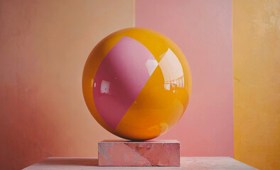 Fototapete - yellow and pink ball is sitting on a pedestal. the ball is surrounded by a pink and yellow wall. the