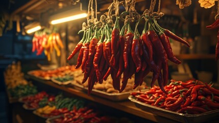 Poster - A warm kitchen atmosphere with fresh chili peppers hanging in bunches, creating a rustic feel and emphasizing their role in traditional cooking