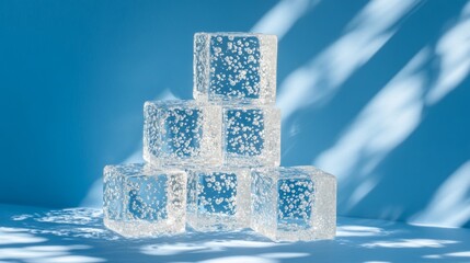 Poster - Clear ice cubes with bubbles trapped inside, stacked against a bright blue background, with light passing through and casting intricate shadows