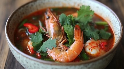 Poster - Close-up of a rich, aromatic bowl of tom yum kung with plump shrimp and vibrant vegetables, garnished with fresh cilantro, on a rustic wooden background