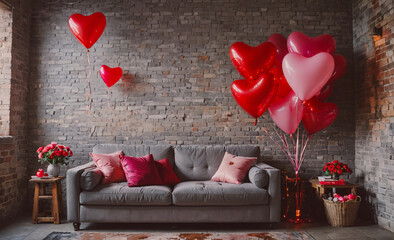 Aufkleber - Room with a gray couch and a wall full of red balloons. The balloons are arranged in a way that they look like hearts