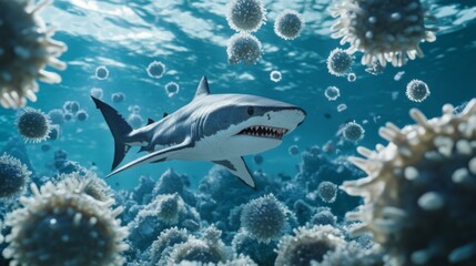 Poster - Shark lice attached to the skin of a reef shark swimming through crystal-clear tropical waters, displaying the natural coexistence in the ocean environment