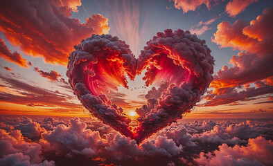 Poster - Heart made of clouds with a red sun in the background. The clouds are pink and orange, giving the image a warm and romantic mood