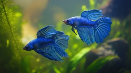 Poster - Two Siamese fighting fish in contrasting colors swimming side by side in clear water, showcasing their natural elegance and movement in vivid detail