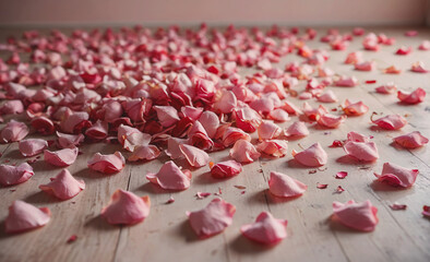 Poster - large pile of pink rose petals on a wooden floor. concept of beauty and romance, as the petals are s