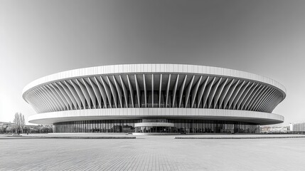 Poster - Striking Minimalist Silhouette of a High Tech Stadium with Sweeping Circular Roof and Clean Lines