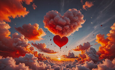 Poster - heart is floating in the sky above a cloud of red and orange clouds. the heart is surrounded by many