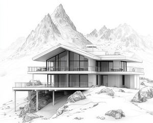 Poster - Sleek Linear Mountain Lodge Nestled in Angular Peaks with Minimalist Drawing Concept