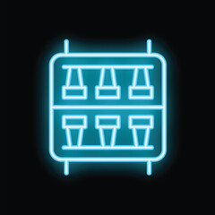 Poster - Blue glowing neon icon of a vending machine offering snacks and drinks on a black background