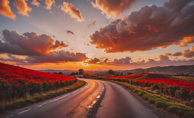 Poster - Road with a sunset in the background. The sky is cloudy and the sun is setting. The road is empty and the flowers are red