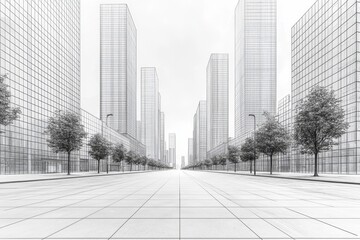 Poster - Minimalist Wireframe Cityscape with Uniform Building Outlines on White Background