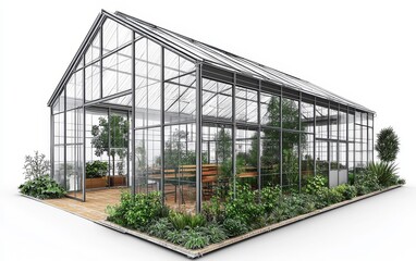 Poster - Minimalist Line Drawing of a Tranquil Greenhouse with Glass Panels and Steel Structure