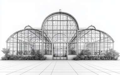 Poster - Minimalist Greenhouse Glass and Steel Structure Line Drawing on White Background