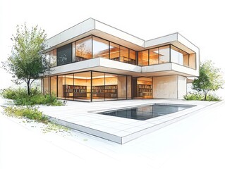 Poster - Sleek and Minimalist Modern Architectural Sketch of a Residential House with Bold Lines and Large Windows