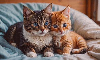 Poster - Two kittens are laying on a bed, one is orange and the other is black and white. They are both looking at the camera with their blue eyes