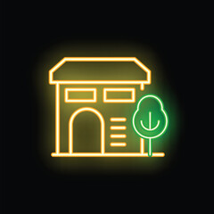 Poster - Glowing neon line building with tree icon isolated on black background vector illustration for your design, advertising, postcards, banners