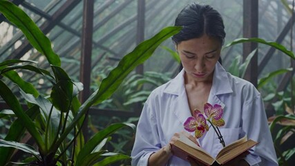 Poster - Reading in a greenhouse filled with lush plants and orchids, embracing the tranquility of nature while learning about botany in the morning light
