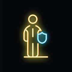 Poster - Neon sign illuminating a businessman holding a shield, representing protection, security, and risk management in the business world