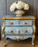 Hand painted rococo antique blue and gold chest of drawers, French chateau furniture.