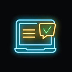 Poster - Neon icon of a laptop showing a message with an approval check mark