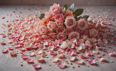 Aufkleber - Bouquet of pink roses is surrounded by pink petals. The arrangement is scattered on a table, creating a romantic and elegant atmosphere