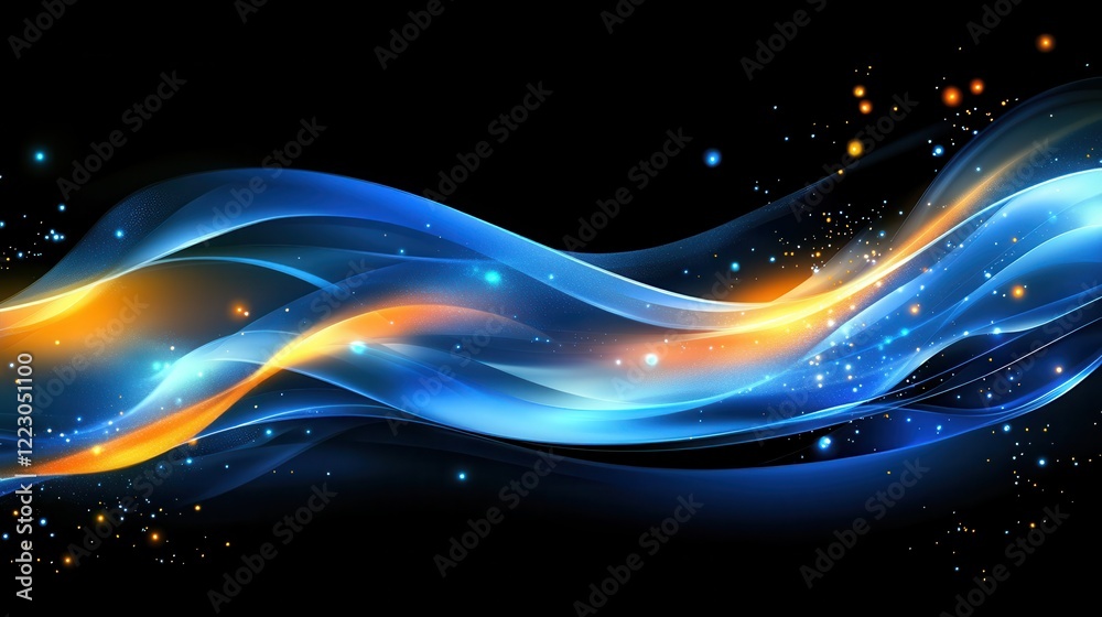 Digital background with glowing blue and orange dots on a dark wave, in ...