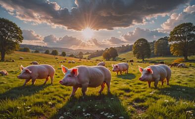 Poster - Group of pigs are grazing in a field with a cloudy sky in the background. Scene is peaceful and serene, as the animals are enjoying the fresh grass and the calm atmosphere