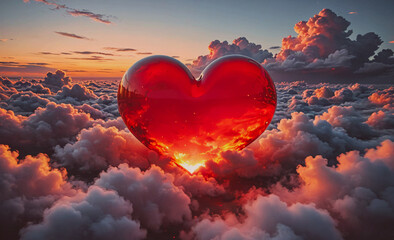 Poster - Heart is floating in the sky, surrounded by clouds. The heart is red and he is glowing. The scene is serene and peaceful, with the clouds providing a soft, dreamy backdrop