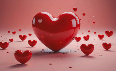 Poster - Heart made of many red hearts is on a pink background. The heart is surrounded by many other hearts, creating a sense of love and affection