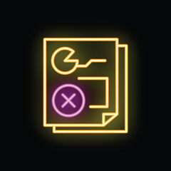 Poster - Neon sign of a document with charts, graphs, and a cross mark, symbolizing a failed or rejected business proposal