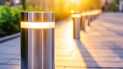 Urban walkway illuminated by modern light fixtures at sunset with glowing ambiance and warm colors.