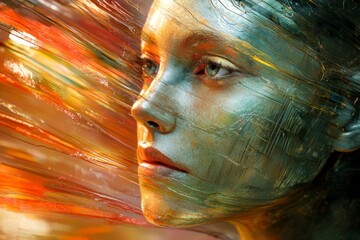 Poster - Artistic portrait of a woman with colorful brush strokes and striking features captured in an abstract setting