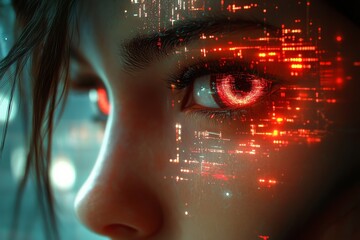 Poster - Futuristic portrait of a woman with glowing red eyes and digital patterns illustrating technological advancement