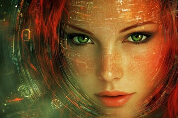 Poster - Portrait of a futuristic woman with vibrant red hair and striking green eyes in a digital landscape