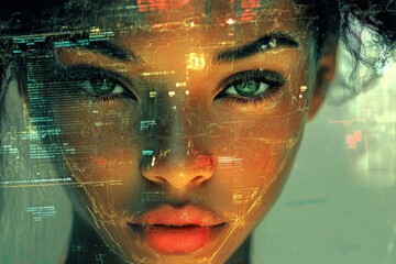 Aufkleber - Close-up of a woman with glowing digital overlays creating a futuristic and tech-inspired look