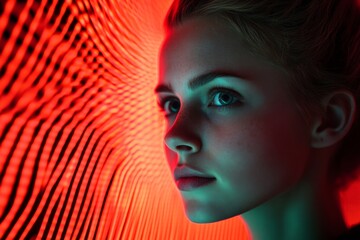 Poster - Young woman with striking features illuminated by vibrant red and green lights in artistic setting