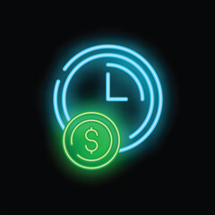 Poster - neon sign illustrating the concept that time is money, featuring a clock and a coin glowing in vibra