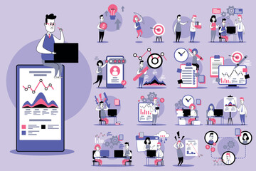 Poster - Collection of various illustrations depicting data analysis, teamwork, and technology. Characters engaged in tasks like presenting reports and collaborating on charts
