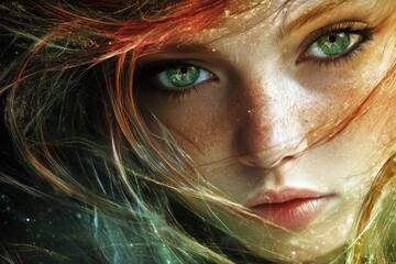 Poster - Enigmatic portrait of a green-eyed girl with vibrant hair in a mystical setting