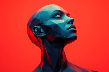 Aufkleber - Futuristic sculpture showcasing a geometric human figure against a vibrant red backdrop