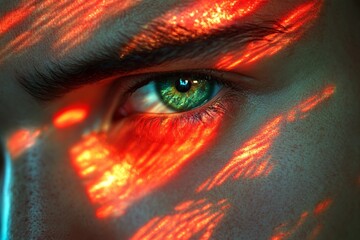Poster - Eyeball with vibrant colors reflecting through shadows in a close-up shot at dusk