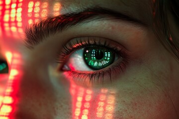 Aufkleber - Close-up of a human eye illuminated by colorful digital patterns in a modern setting, highlighting technology's influence on perception