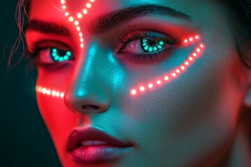 Poster - Neon-lit portrait of a woman with striking makeup and glowing accents in a dark setting