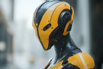 Aufkleber - Humanoid robot with a sleek yellow design captured in an urban environment during daylight hours
