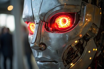 Aufkleber - Advanced robotic face with illuminated eyes showcased at technology exhibit in urban setting