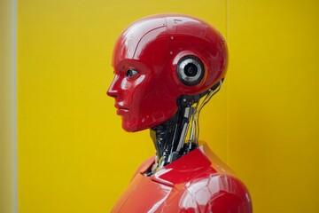 Leinwandbilder - Robot sculpture exhibits modern design and technological ingenuity against a bright yellow background