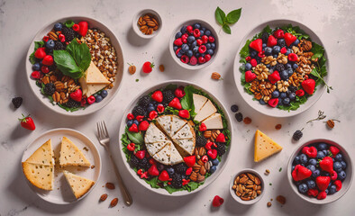 Poster - Table with a variety of fruits and vegetables, including blueberries, strawberries, and nuts. The table is set with plates and utensils, and there are several bowls of different sizes. Scene is
