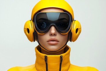 Poster - Modern futuristic mannequin wearing a bright yellow outfit and large black goggles reflects an innovative design in interactive technology