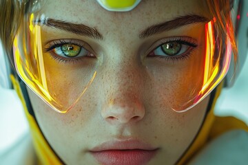 Poster - Close-up of a young woman with unique green and blue eyes wearing futuristic goggles in a sci-fi setting