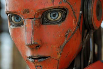 Aufkleber - Close-up view of a detailed humanoid robot with striking blue eyes made of red metal